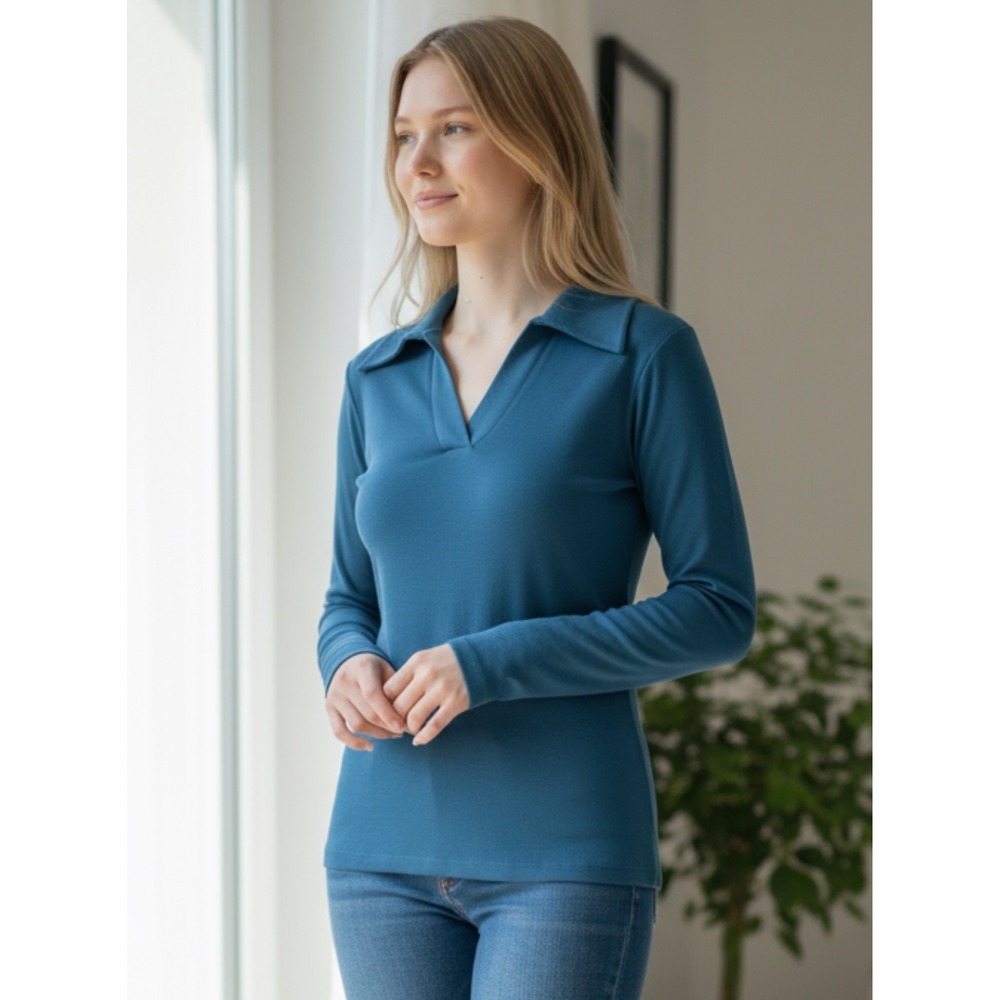 Universal‎ Standard Teal Blue Long Sleeve Collar V-Neck Top XS NWT